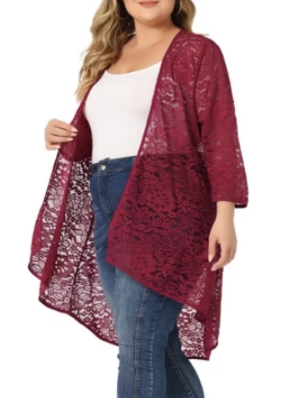 Sheer Floral Embroidered Lace Maroon Open Front Long Cardigan 3/4 Sleeve Size M